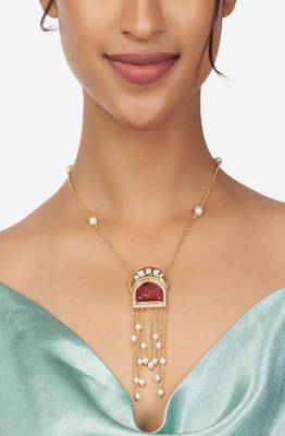 Gold & Pink Kundan Polki Pendant Necklace With Red Onyx 1