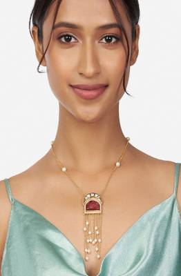 Gold & Pink Kundan Polki Pendant Necklace With Red Onyx 2