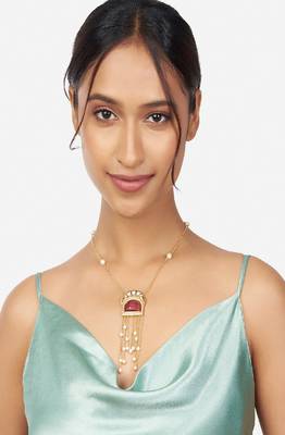 Gold & Pink Kundan Polki Pendant Necklace With Red Onyx 3