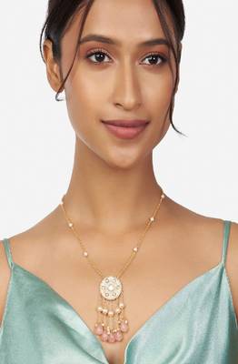 Off White Kundan Polki Necklace Pendant With Pink Onyx 2