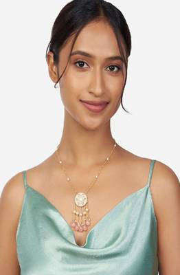 Off White Kundan Polki Necklace Pendant With Pink Onyx 3