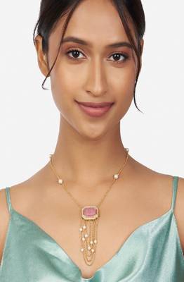 Gold & Pink Kundan Polki Pendant Necklace With Pink Onyx 2