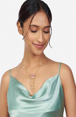 Gold & Pink Kundan Polki Pendant Necklace With Pink Onyx 3