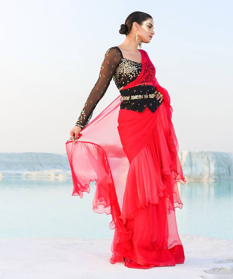 Ameera Romantic Red Ruffle Saree With Black Magic Blouse & Corset Belt Set