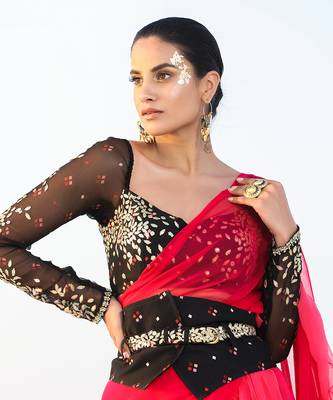 Ameera Romantic Red Ruffle Saree With Black Magic Blouse & Corset Belt Set 5