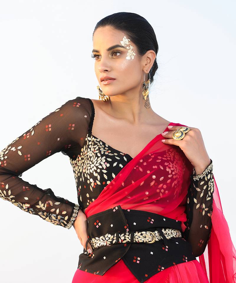 Ameera Romantic Red Ruffle Saree With Black Magic Blouse & Corset Belt Set