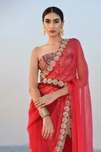 Ameera Rasp-Red Fusion Saree With Sitara Corset Set