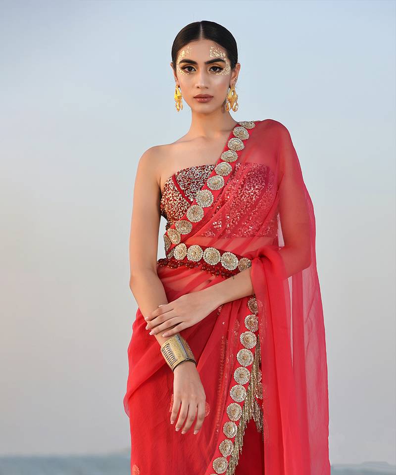 Ameera Rasp-Red Fusion Saree With Sitara Corset Set