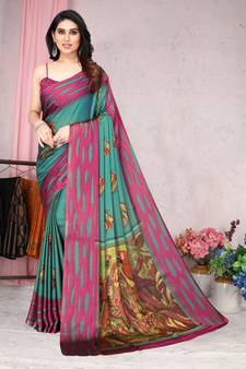 Dark Green Printed Chiffon Saree With Blouse