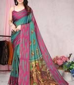 Dark Green Printed Chiffon Saree With Blouse