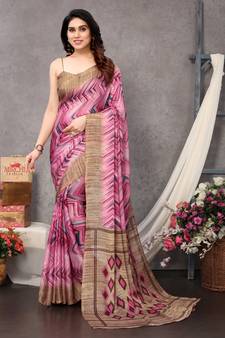 Pink Printed Chiffon Saree With Blouse