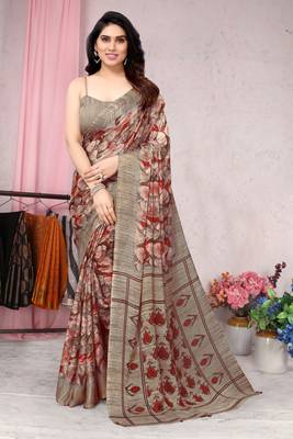 Red Printed Chiffon Saree With Blouse 1