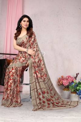 Red Printed Chiffon Saree With Blouse 2
