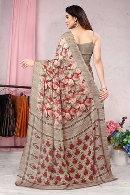Red Printed Chiffon Saree With Blouse 3