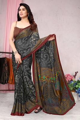 Black Printed Chiffon Saree With Blouse 2