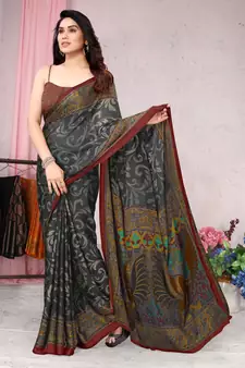 Black Printed Chiffon Saree With Blouse