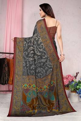 Black Printed Chiffon Saree With Blouse 3