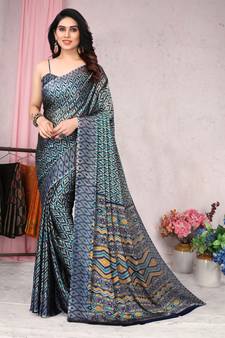 Blue printed chiffon saree with blouse