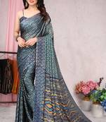 Blue printed chiffon saree with blouse