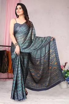 Blue printed chiffon saree with blouse