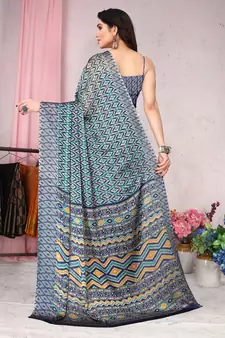 Blue printed chiffon saree with blouse