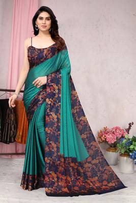 Teal Printed Chiffon Saree With Blouse 1