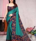 Teal Printed Chiffon Saree With Blouse