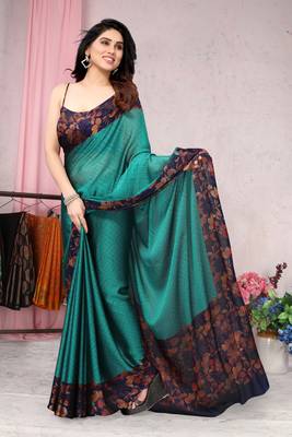 Teal Printed Chiffon Saree With Blouse 2