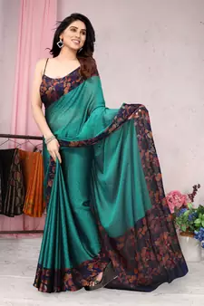 Teal Printed Chiffon Saree With Blouse