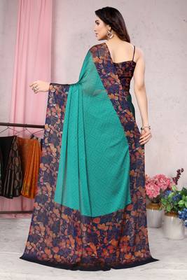 Teal Printed Chiffon Saree With Blouse 3