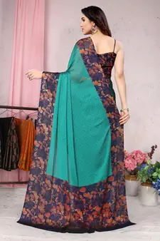 Teal Printed Chiffon Saree With Blouse