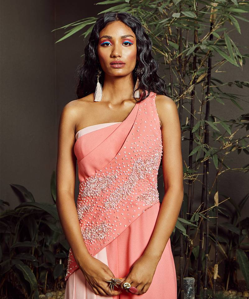 Coral Italian Crepe One Shoulder Jumpsuit 