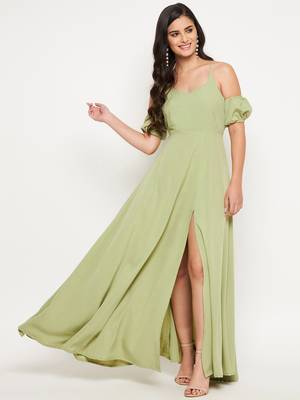 Green plain polyester maxi-dresses 1
