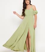 Green plain polyester maxi-dresses