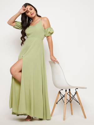 Green plain polyester maxi-dresses 2