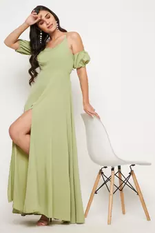 Green plain polyester maxi-dresses