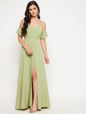 Green plain polyester maxi-dresses 3