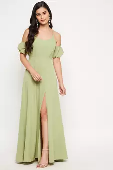 Green plain polyester maxi-dresses