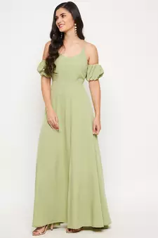 Green plain polyester maxi-dresses