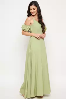 Green plain polyester maxi-dresses
