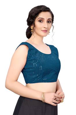 Mohvogue Women's Teal Silk Blend Stitched Padded Blouse 2