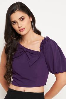 Purple plain polyester crop-tops