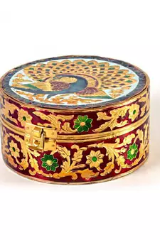 Meenakari Art White Metal Round Dry fruit Box