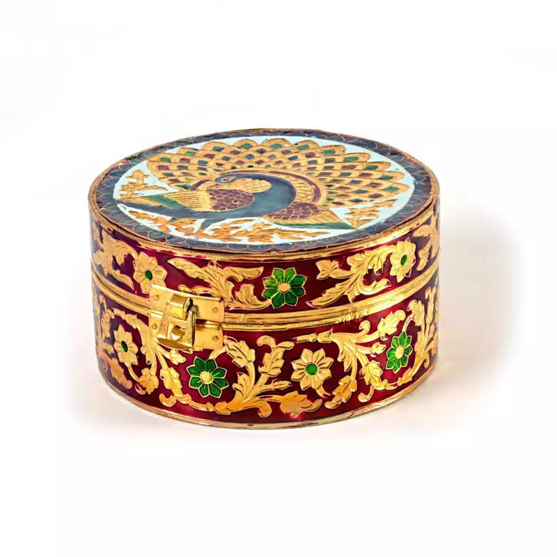 Meenakari Art White Metal Round Dry fruit Box