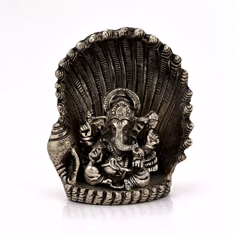 White Metal Antique Lord Ganesha on Naag Idol
