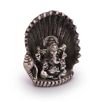 White Metal Antique Lord Ganesha on Naag Idol 2