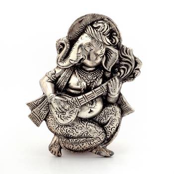 Oxidized White Metal Lord Ganesha Sitar Idol 1