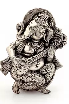Oxidized White Metal Lord Ganesha Sitar Idol