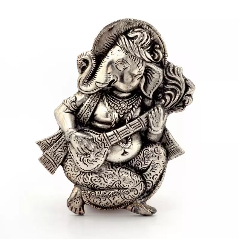 Oxidized White Metal Lord Ganesha Sitar Idol