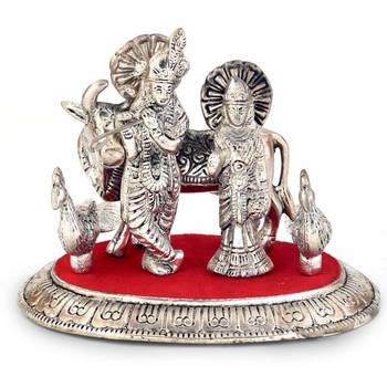White Metal Lord Radha Krishna Idol with Cow 1